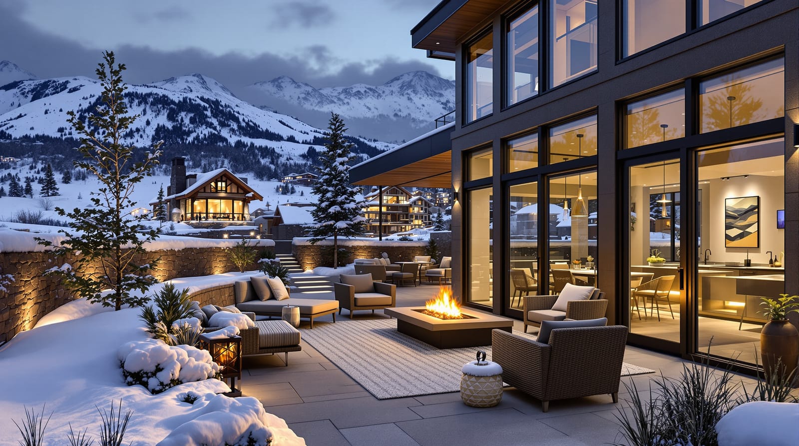 Park City mountain modern outdoor living terrace with lighting and audio