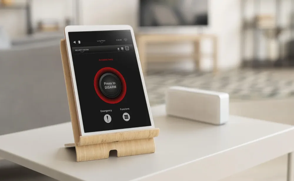 Tablet displaying smart access control disarm interface for Deer Valley home security with remote monitoring and surveillance integration
